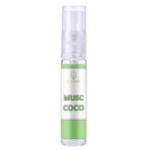 Clear spray bottle met groene accenten voor El-Nabil Parfum Musc Coco met zoete vanille stralen
